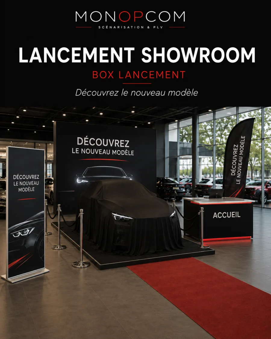 Box lancement showroom MonOPCOM avec véhicule sous voile, fond, totems et tapis rouge