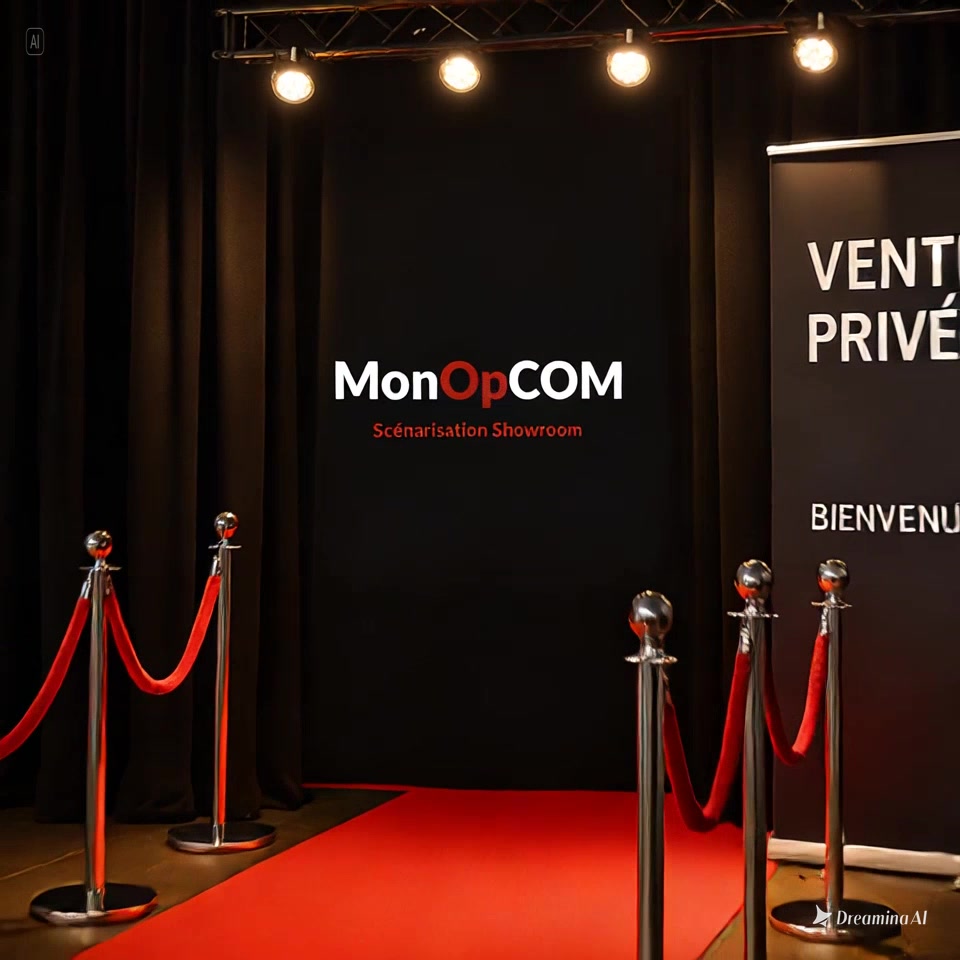 Scénarisation showroom MonOPCOM avec tapis rouge et parcours d’accueil